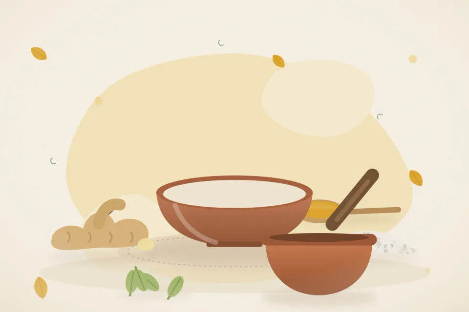 Illustrated still life with fresh ginger, rock salt, cardamom.