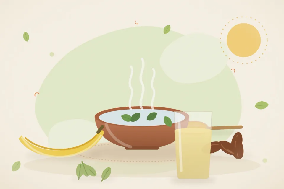 Illustrated still life with banana, dates, cardamom.