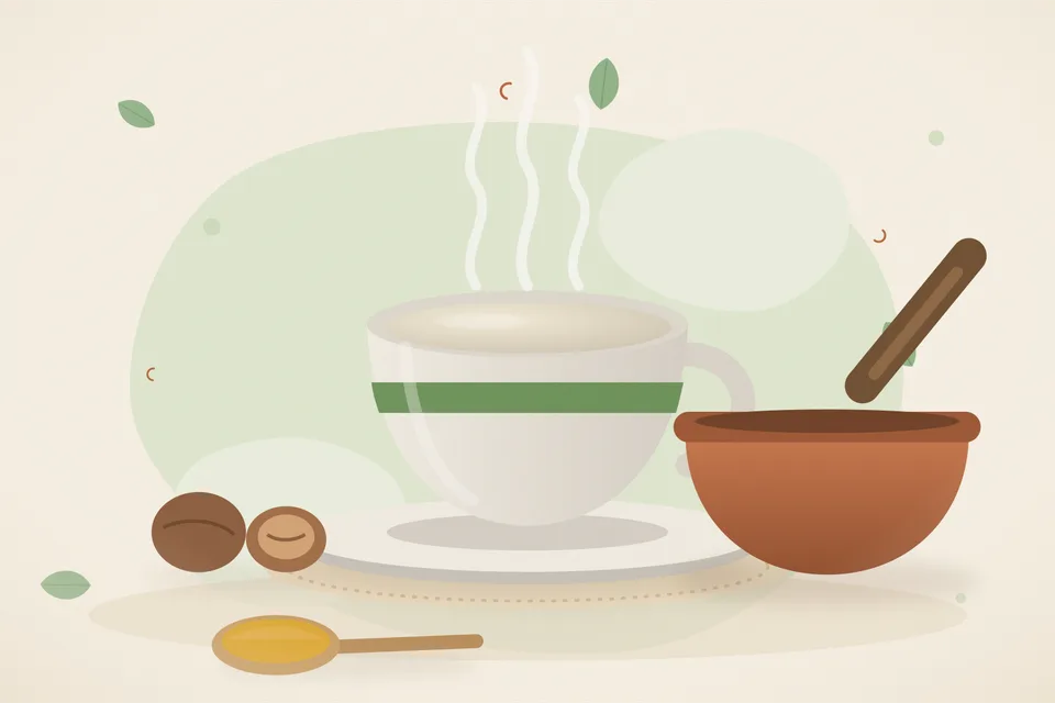 A whole nutmeg, a fine grater with only a speck of dust, and a small cup of warm milk on a wooden board.