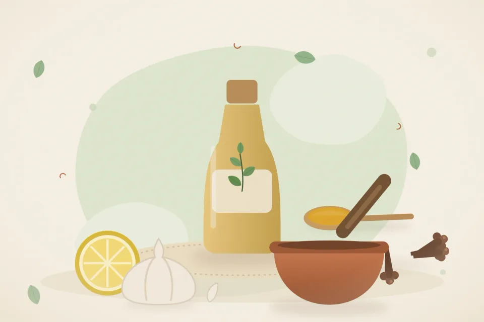 Illustrated still life with lemon, cloves, garlic.