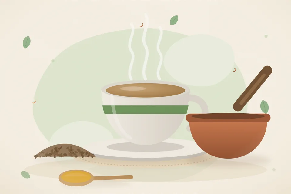 One dried bay leaf and cumin seeds beside a bowl of yellow dal, the leaf resting on a spoon, kitchen still life.