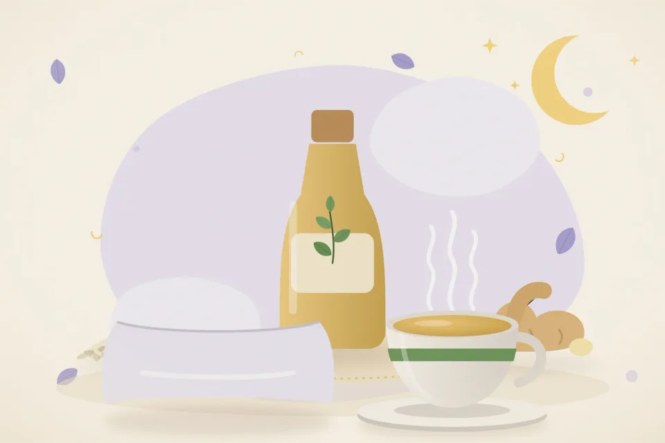 Illustrated still life with sesame seeds, fresh ginger.