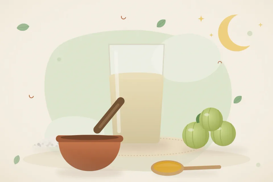 Illustrated still life with mishri crystals, amla.