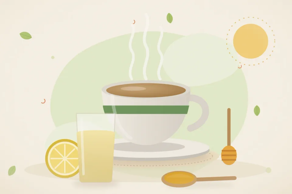 Illustrated still life with lemon, honey.