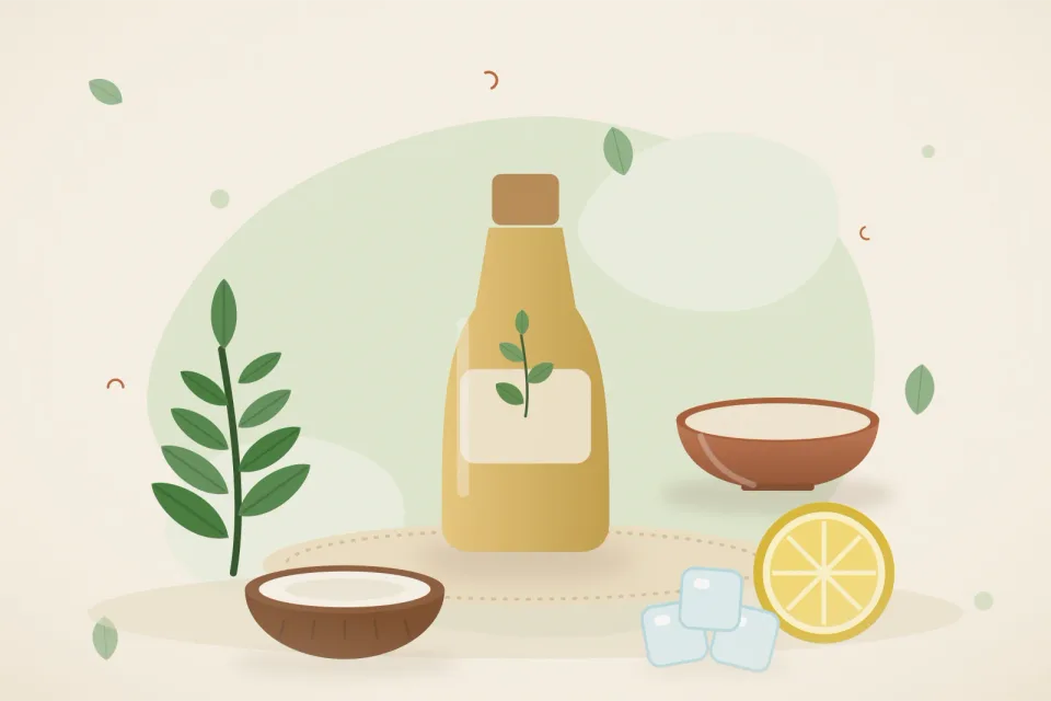 Illustrated still life with neem leaves, lemon, coconut, ice.